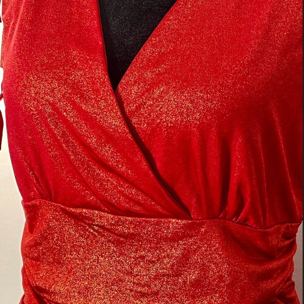 90's Red & Gold Ruched Dress with Bow-Tie Straps